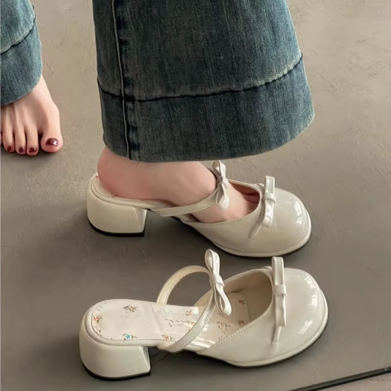 Women Contour Bow Strap Block Heel Sandals – Vintage Style Shoes