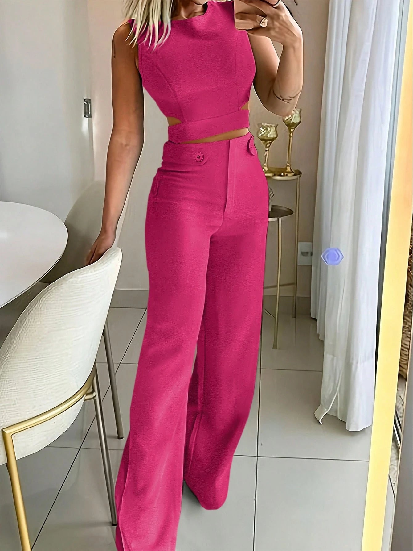 Women Contour Elegant Two-Piece Pants Set – Sleeveless Top & Wide-Leg Pants SHEIN