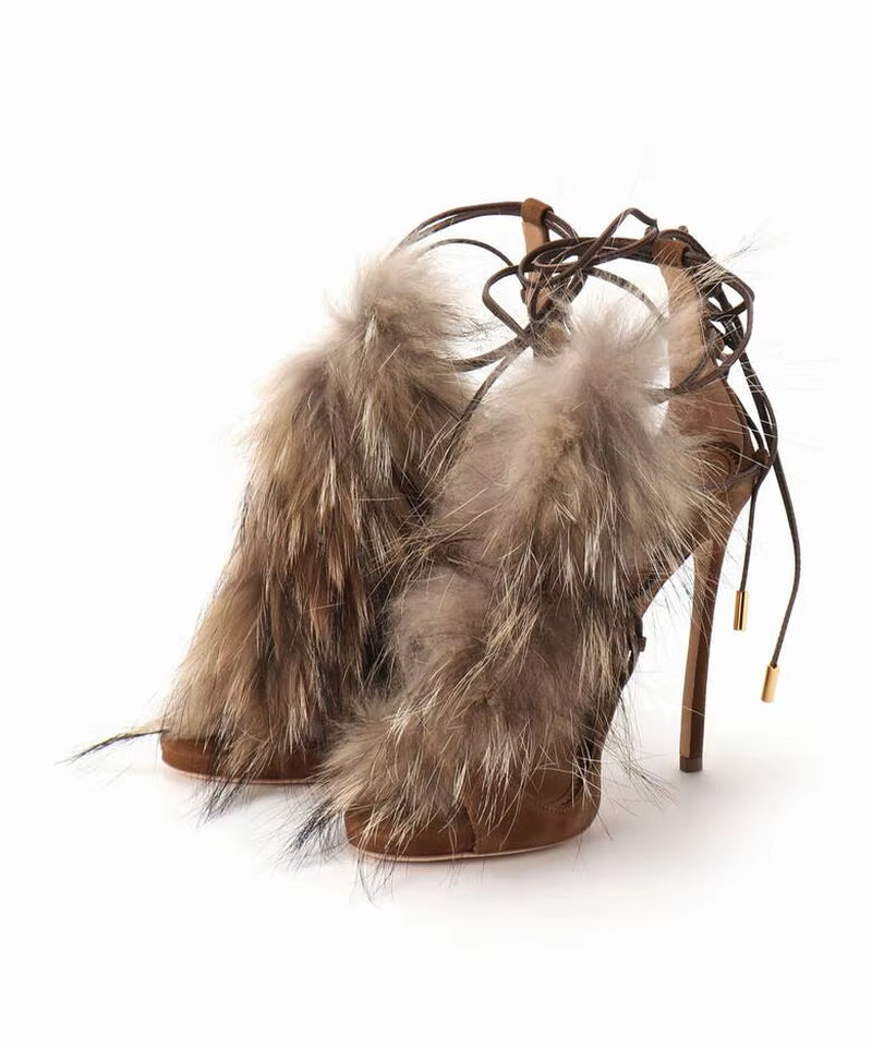 2025 Women Sexy Fur Peep Toe Cross Tied Sandal Boots Sexy Thin Heel Lace up Fashion Women Modern Mid Calf Sandals Boots 44