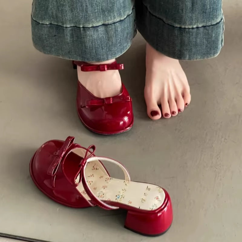 Women Contour Bow Strap Block Heel Sandals – Vintage Style Shoes
