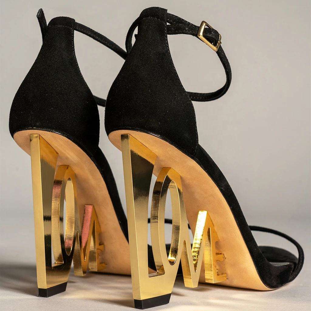 Women Contour LOVE Letter Metal Heel Sandals – Luxury Strap Heels Argie Noir