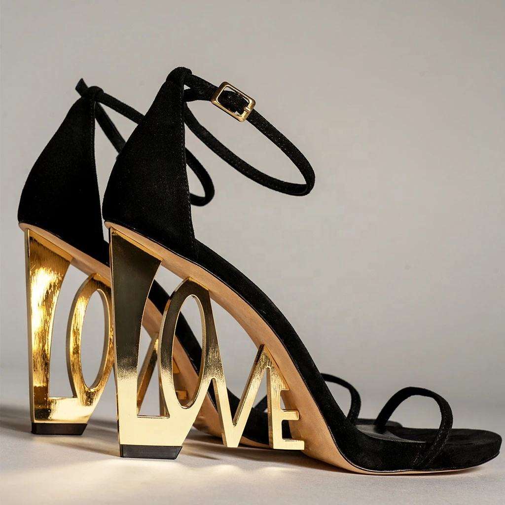 Women Contour LOVE Letter Metal Heel Sandals – Luxury Strap Heels Argie Noir