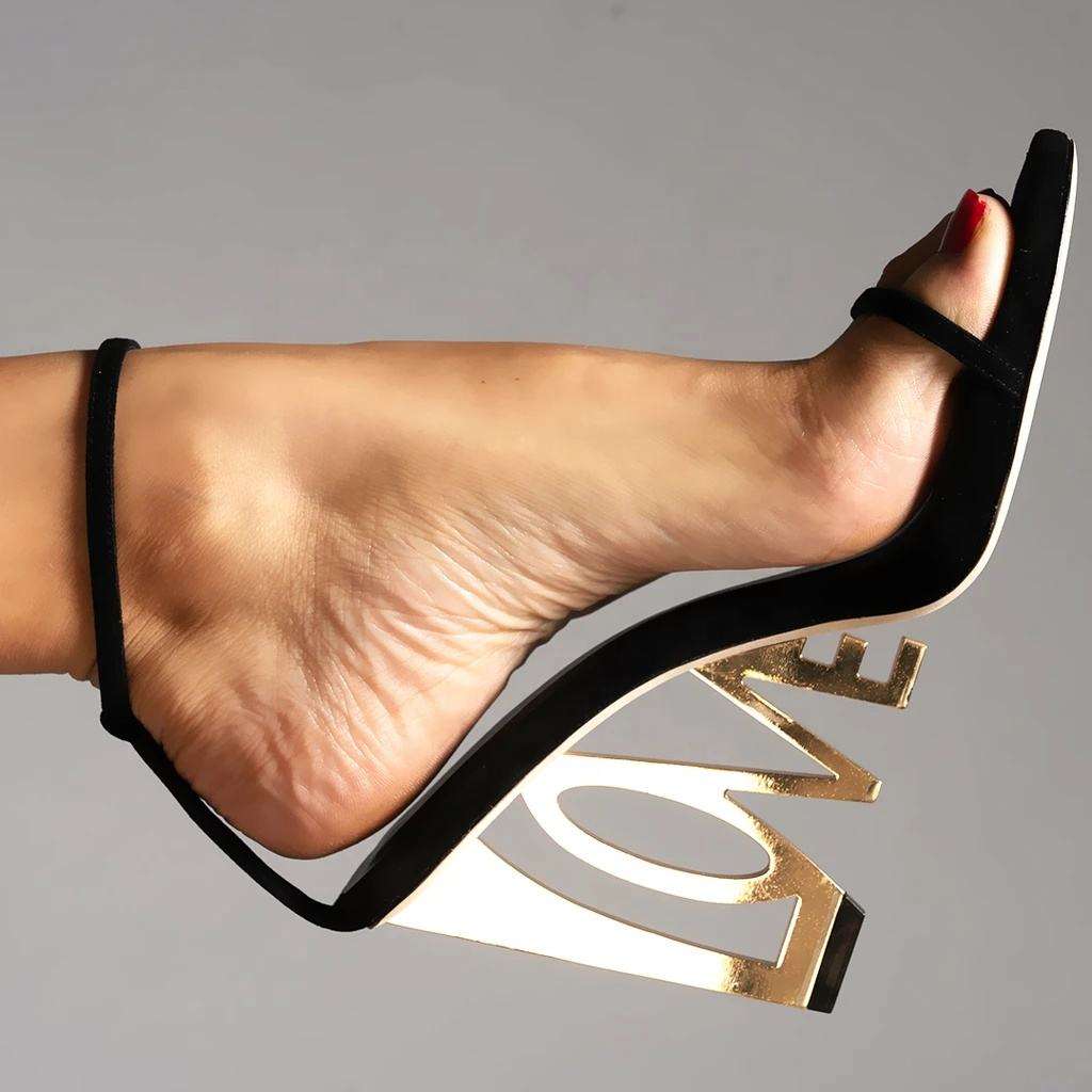 Women Contour LOVE Letter Metal Heel Sandals – Luxury Strap Heels Argie Noir