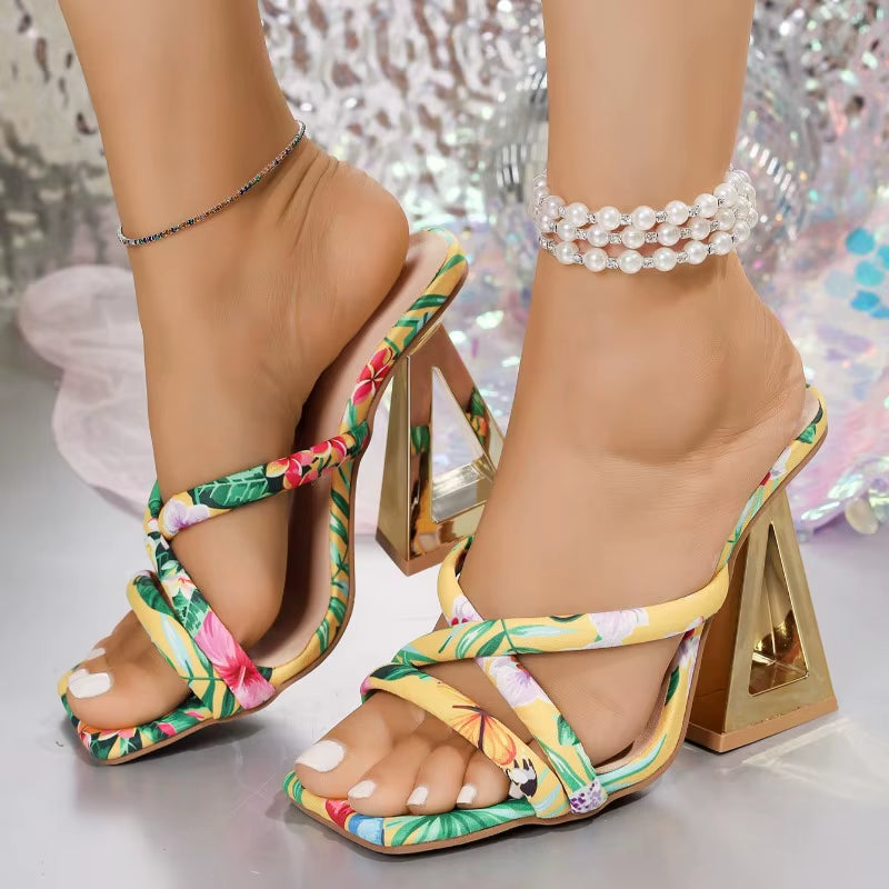Women Contour Floral Square Toe Heels – Fashion Statement Sandals