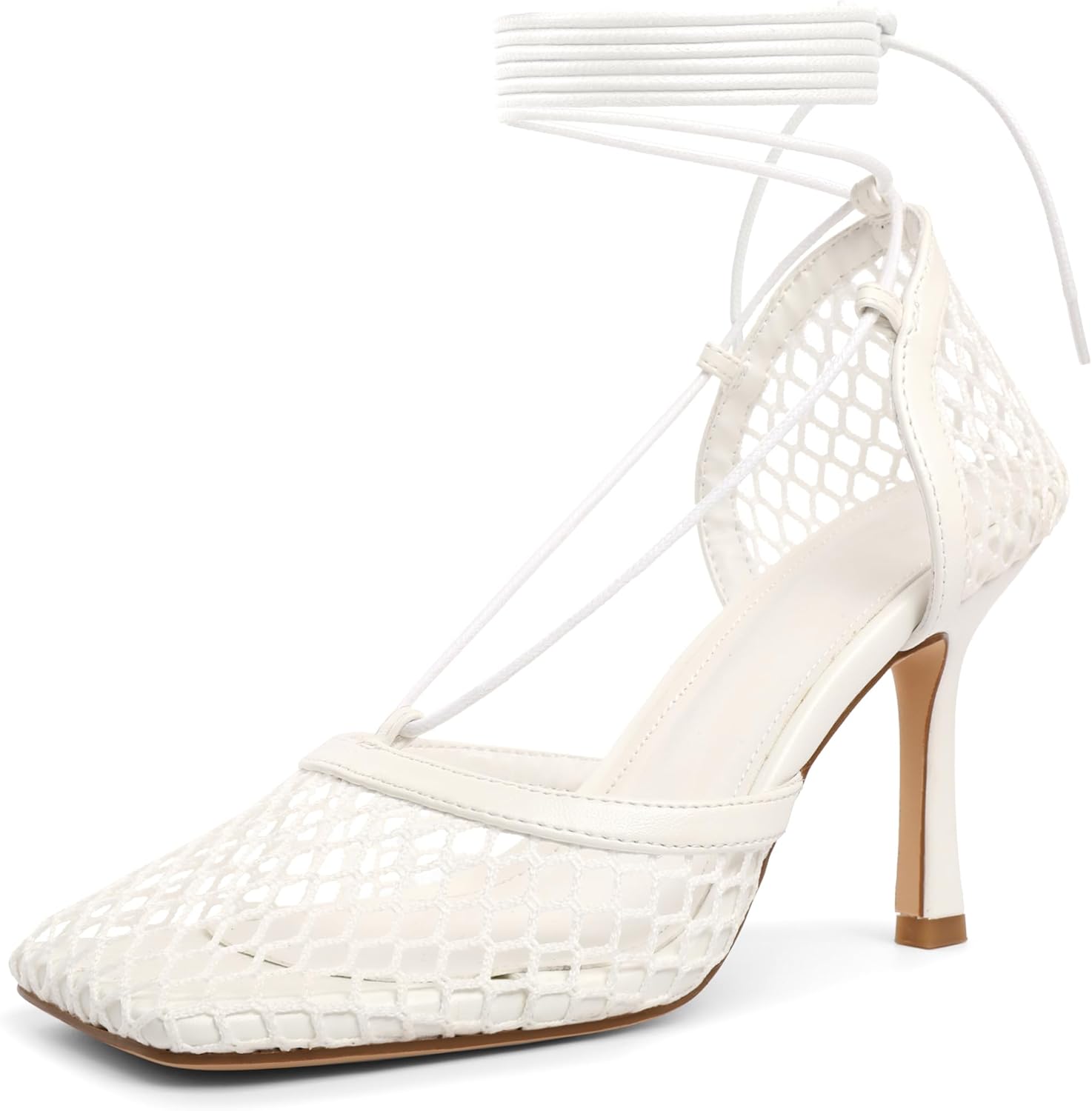 Women Contour Mesh Lace-Up Stiletto Heels – Square Toe Sandals