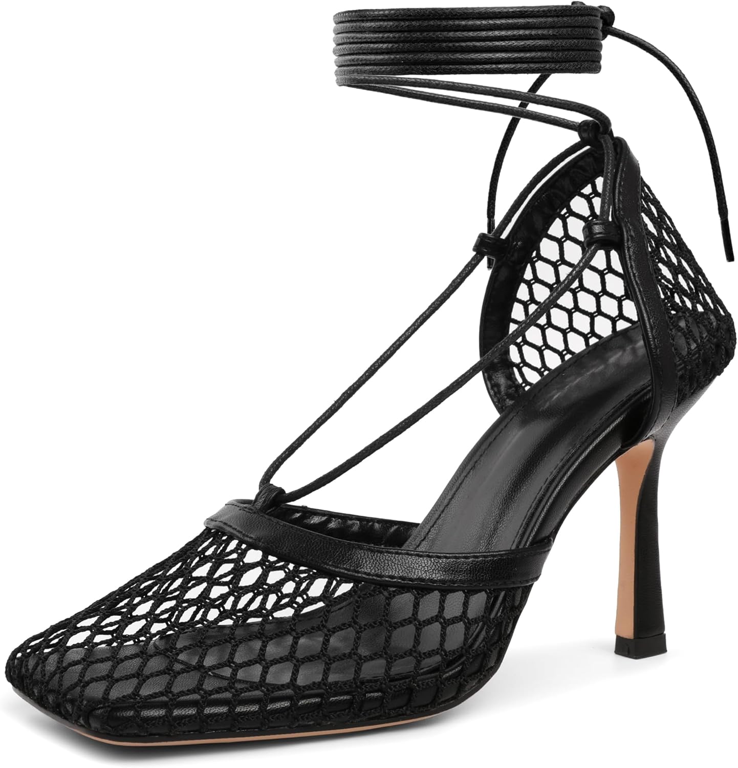 Women Contour Mesh Lace-Up Stiletto Heels – Square Toe Sandals