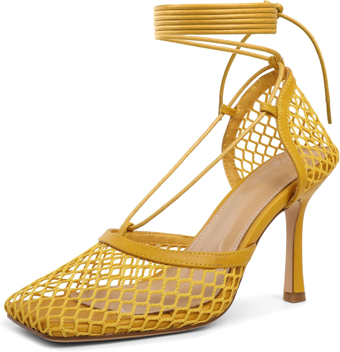 Women Contour Mesh Lace-Up Stiletto Heels – Square Toe Sandals