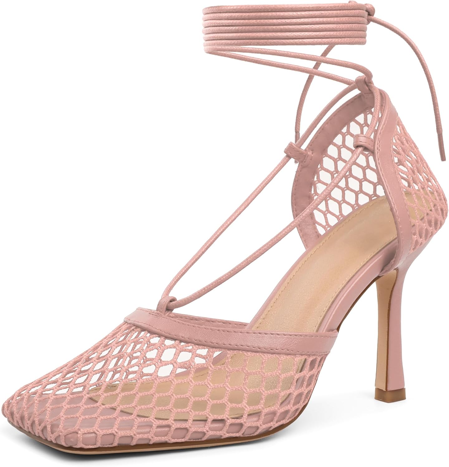 Women Contour Mesh Lace-Up Stiletto Heels – Square Toe Sandals