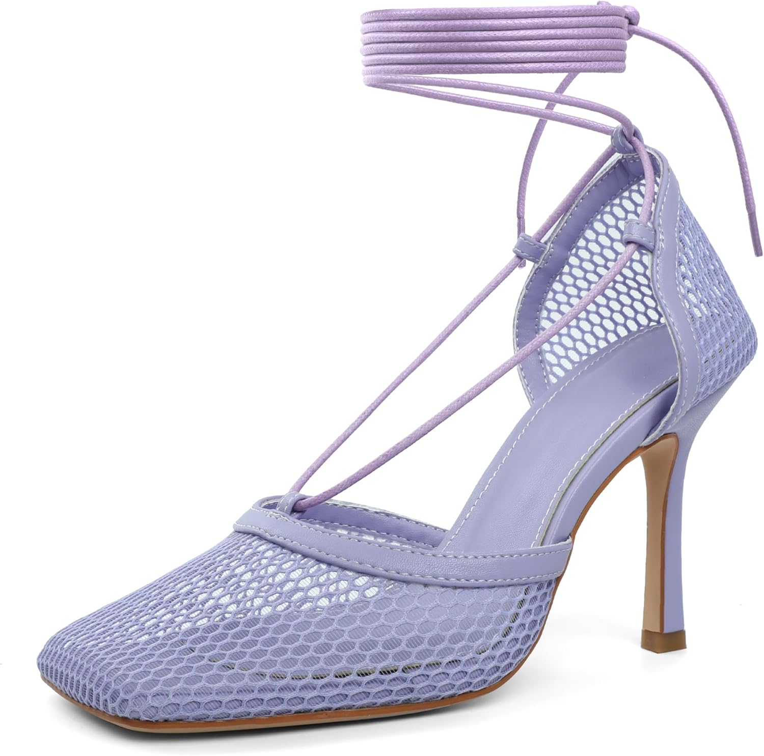 Women Contour Mesh Lace-Up Stiletto Heels – Square Toe Sandals