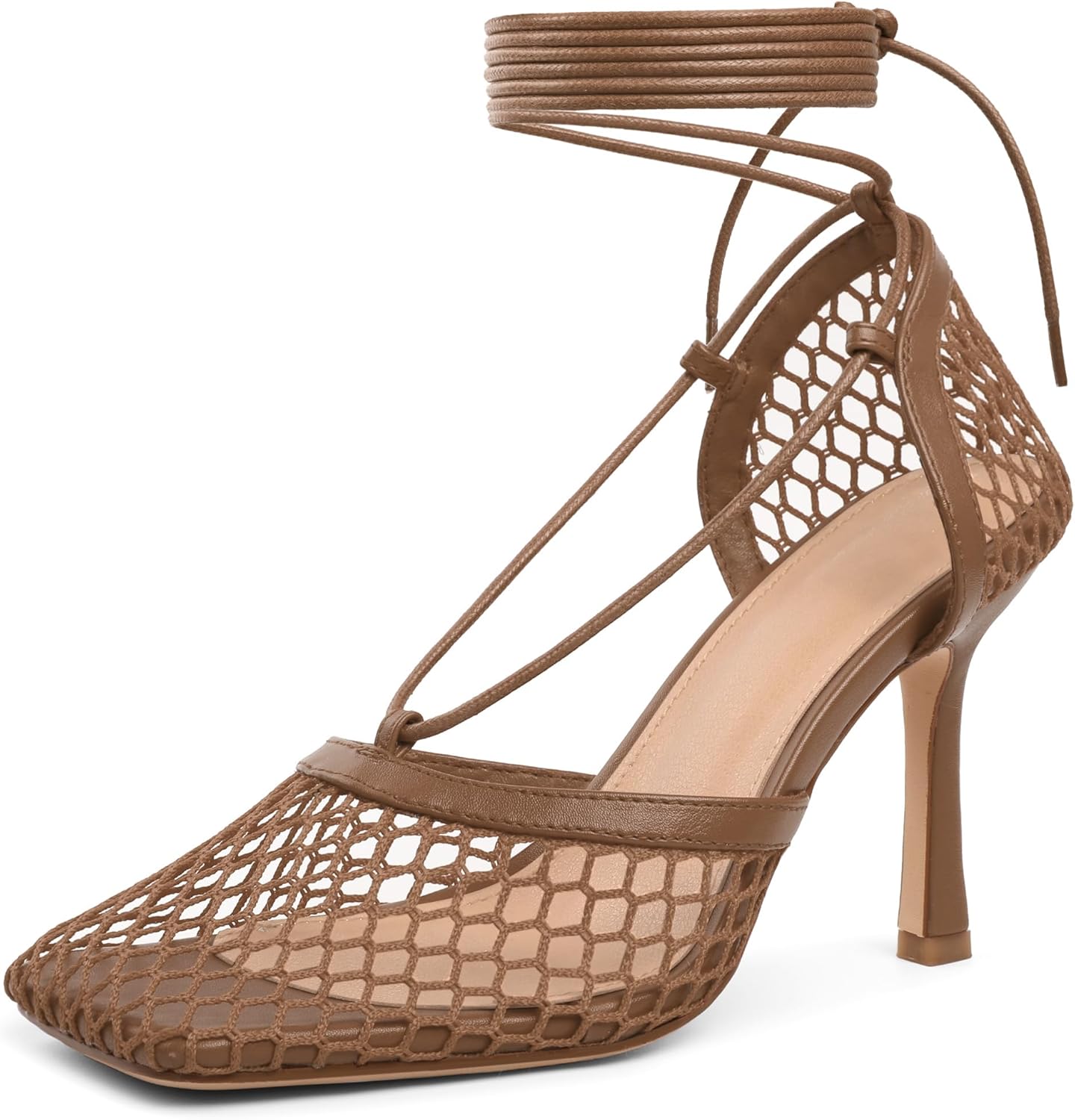 Women Contour Mesh Lace-Up Stiletto Heels – Square Toe Sandals