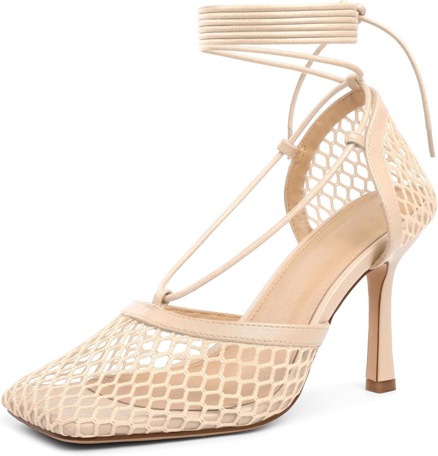 Women Contour Mesh Lace-Up Stiletto Heels – Square Toe Sandals