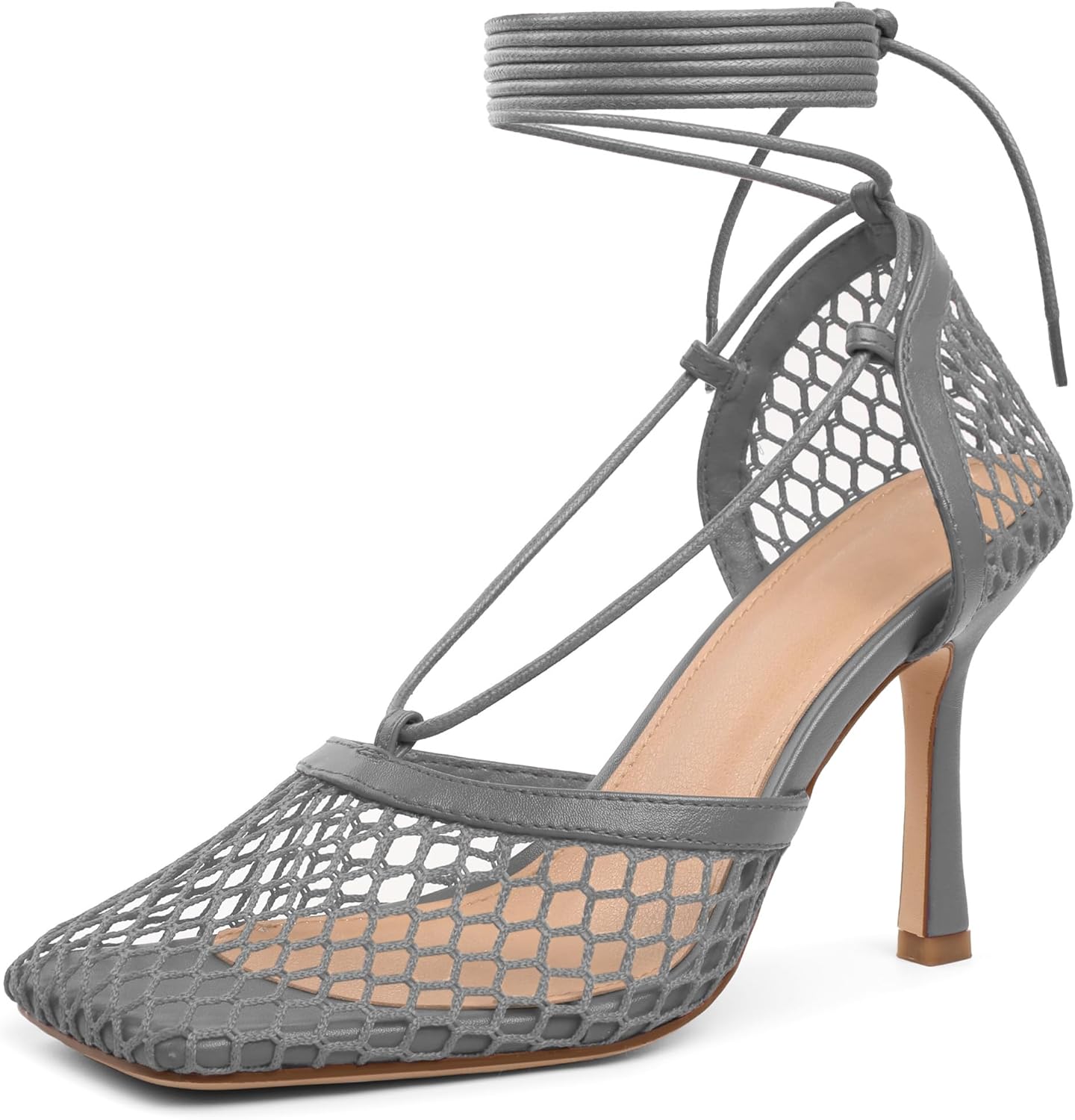 Women Contour Mesh Lace-Up Stiletto Heels – Square Toe Sandals