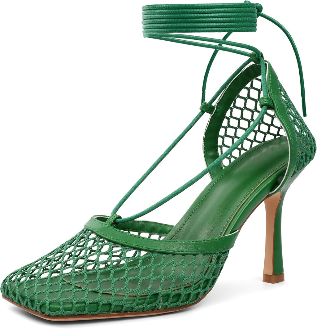 Women Contour Mesh Lace-Up Stiletto Heels – Square Toe Sandals