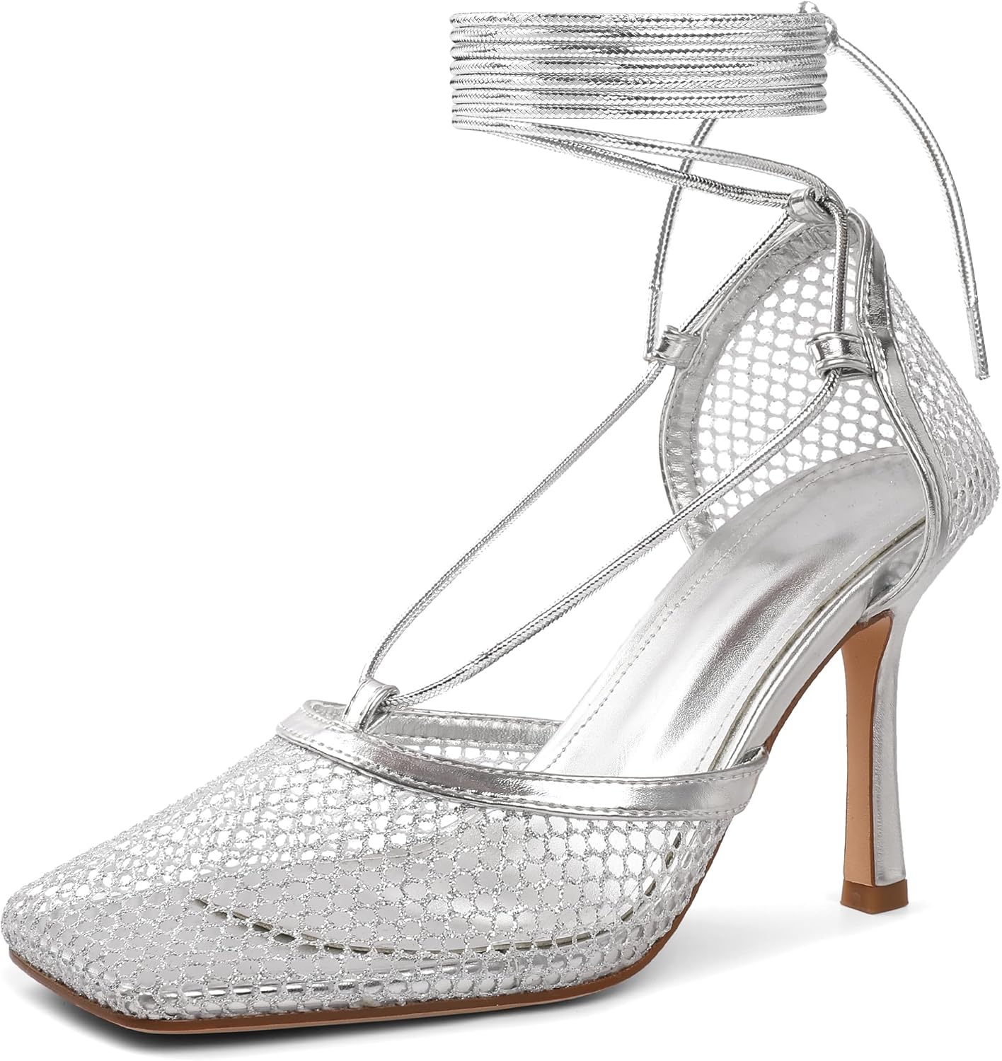 Women Contour Mesh Lace-Up Stiletto Heels – Square Toe Sandals