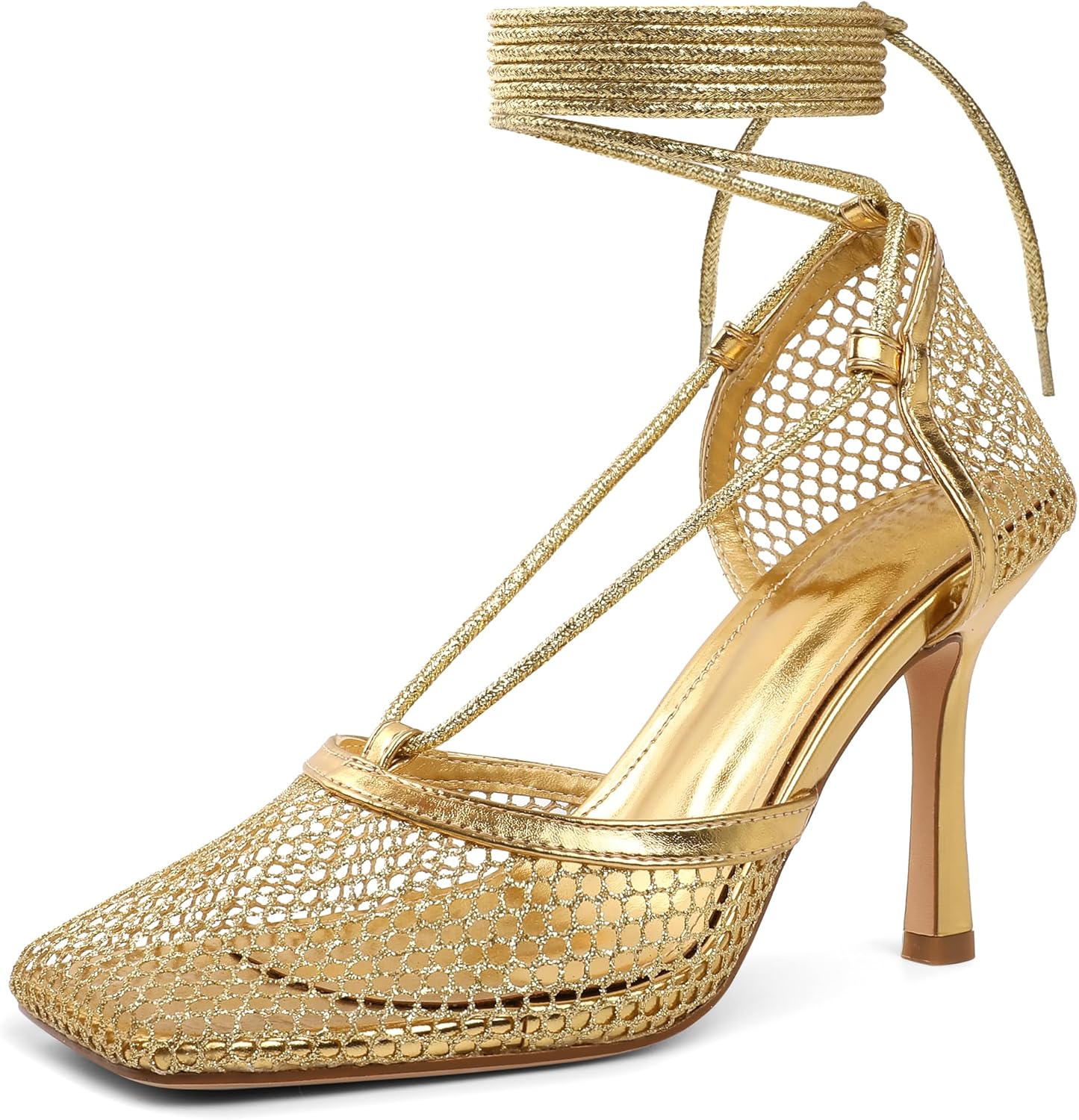 Women Contour Mesh Lace-Up Stiletto Heels – Square Toe Sandals