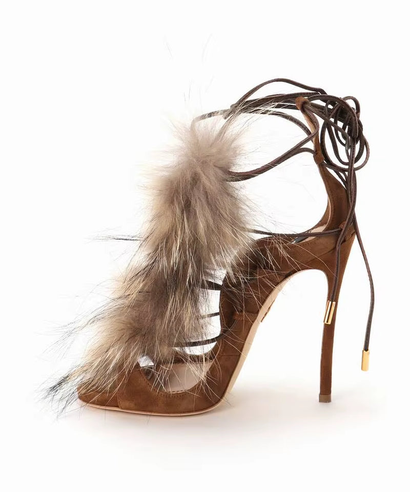 2025 Women Sexy Fur Peep Toe Cross Tied Sandal Boots Sexy Thin Heel Lace up Fashion Women Modern Mid Calf Sandals Boots 44