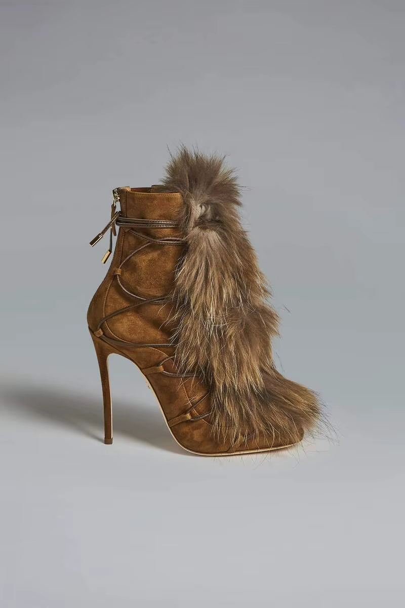 2025 Women Sexy Fur Peep Toe Cross Tied Sandal Boots Sexy Thin Heel Lace up Fashion Women Modern Mid Calf Sandals Boots 44