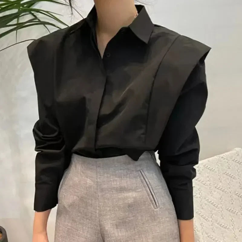 Women Vintage Shoulder Pad Blouse – Elegant Long Sleeve Shirt