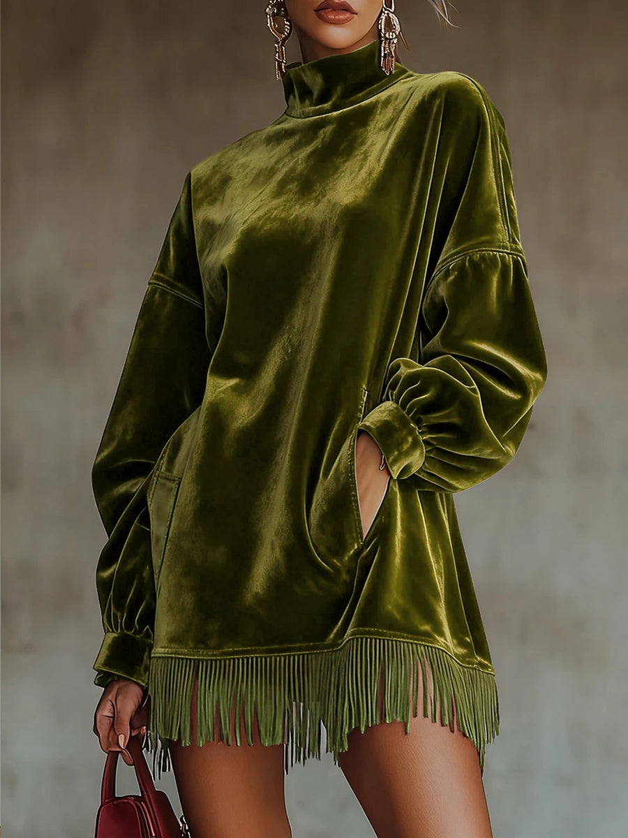 Women Contour Velvet High Neck Mini Dress – Elegant Long Sleeve Party Dress