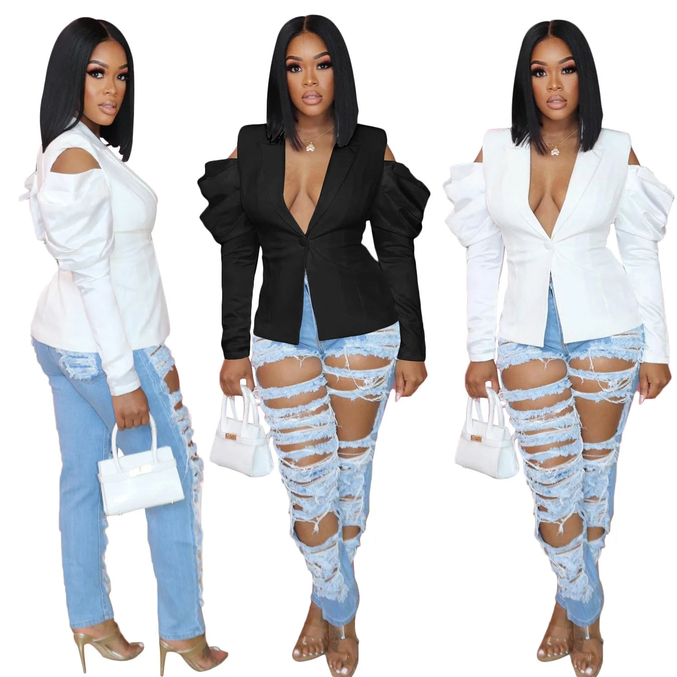 Autumn New Fashion American Women'S Solid Color Casual Trendy Loose Long Puff Sleeve Turn-Down Collar Sexy Suit Blazers Female