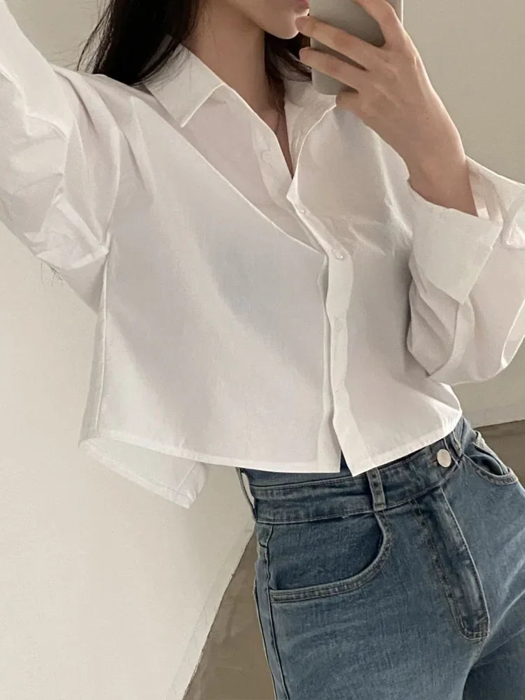 Women Contour Back Slit Cropped Blouse – Elegant Long Sleeve Shirt