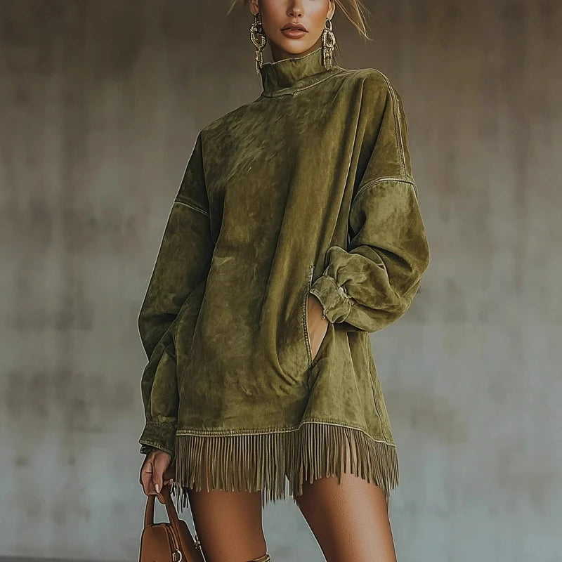 Women Contour Vintage Fringe Turtleneck Mini Dress – Oversized Long Sleeve