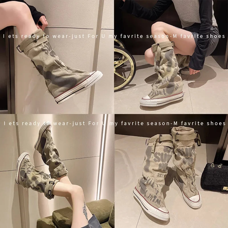 Women Contour Graffiti Canvas Mid-Calf Boots – Street Style Anti-Slip Sneakers