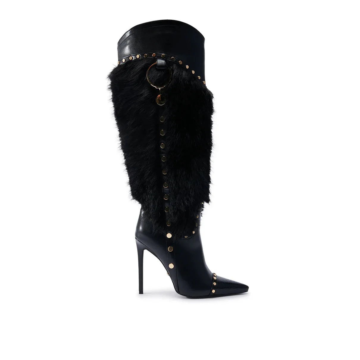 Women Contour Fur Trim Knee-High Boots – Pointed Toe Stiletto Heels
