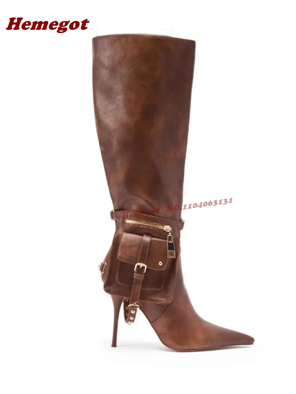 Women Contour Knee-High Stiletto Boots – Pointed Toe with Strap Pouch