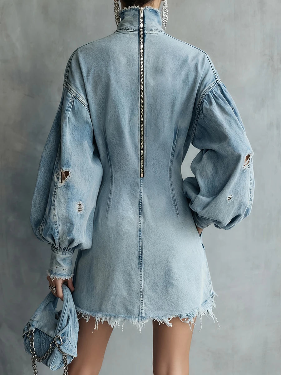 Women Contour Distressed Denim Mini Dress – Oversized High Neck Style