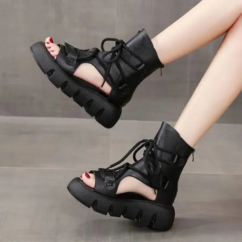 2025 New Brand High Quality Women Sandals Handmade Retro Wedges Heel Sandals Ladies Summer Back Zipper Platform Roman Cool Boots