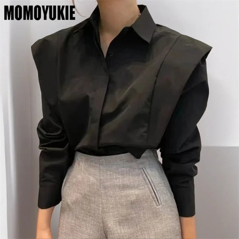 Women Vintage Shoulder Pad Blouse – Elegant Long Sleeve Shirt