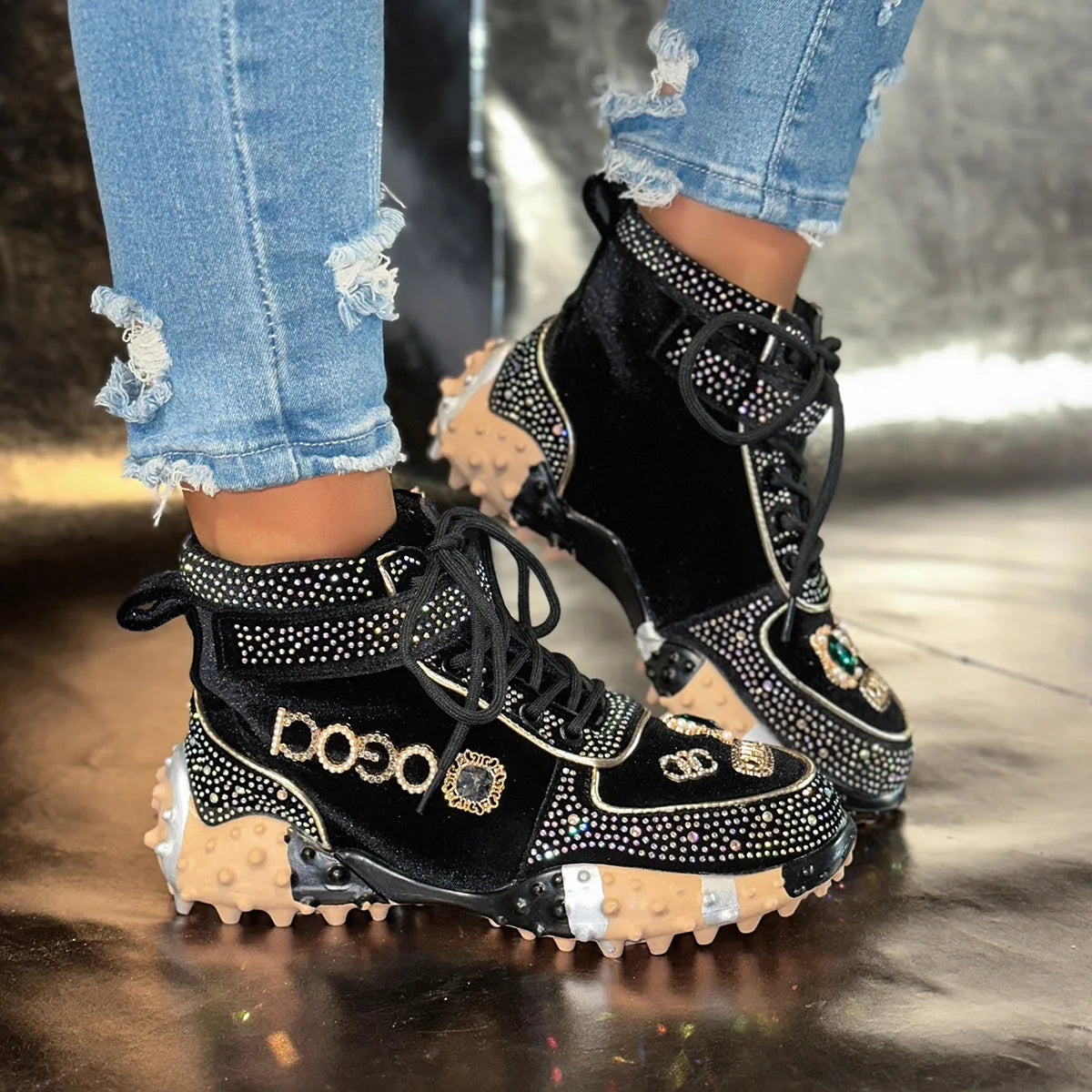 Women Contour Crystal High-Top Sneakers – Thick Sole Fashion Trainers