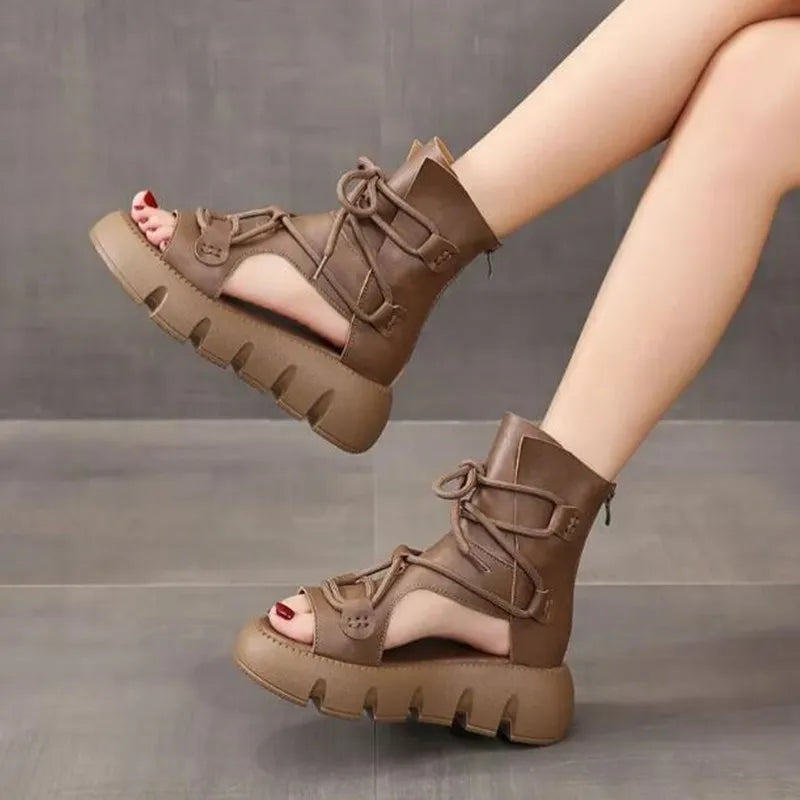 2025 New Brand High Quality Women Sandals Handmade Retro Wedges Heel Sandals Ladies Summer Back Zipper Platform Roman Cool Boots