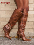 Women Contour Knee-High Stiletto Boots – Pointed Toe with Strap Pouch