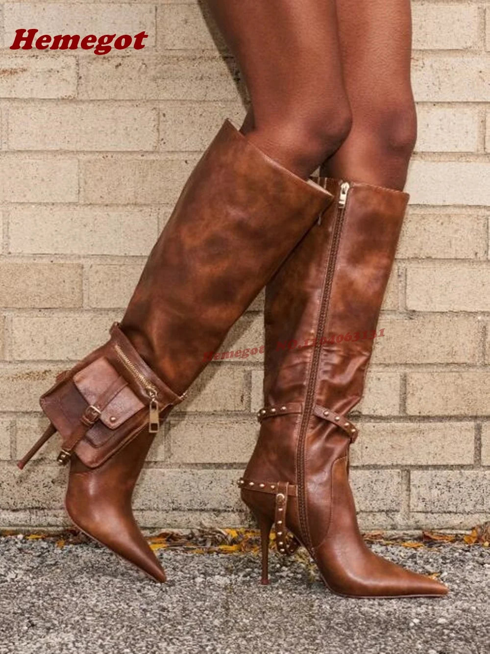 Women Contour Knee-High Stiletto Boots – Pointed Toe with Strap Pouch