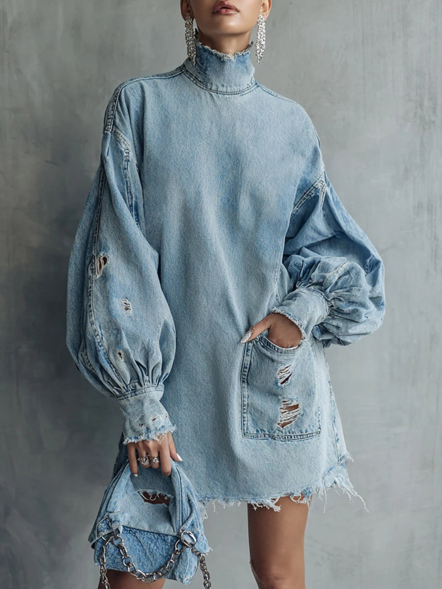 Women Contour Distressed Denim Mini Dress – Oversized High Neck Style
