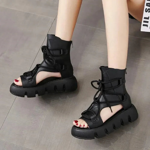 2025 New Brand High Quality Women Sandals Handmade Retro Wedges Heel Sandals Ladies Summer Back Zipper Platform Roman Cool Boots