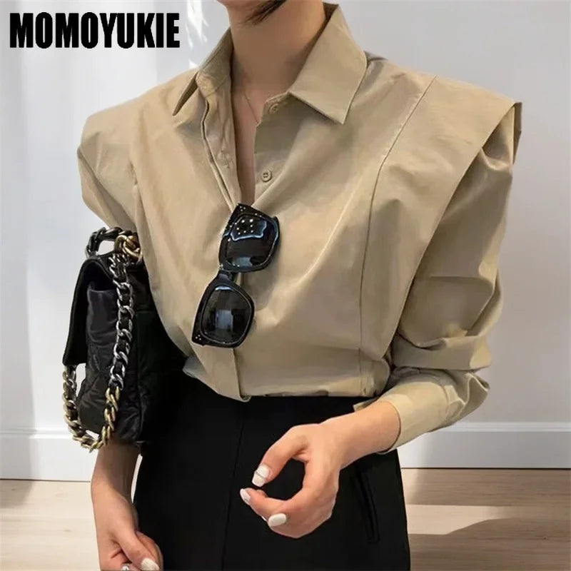 Women Vintage Shoulder Pad Blouse – Elegant Long Sleeve Shirt