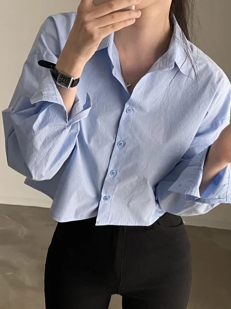 Women Contour Back Slit Cropped Blouse – Elegant Long Sleeve Shirt