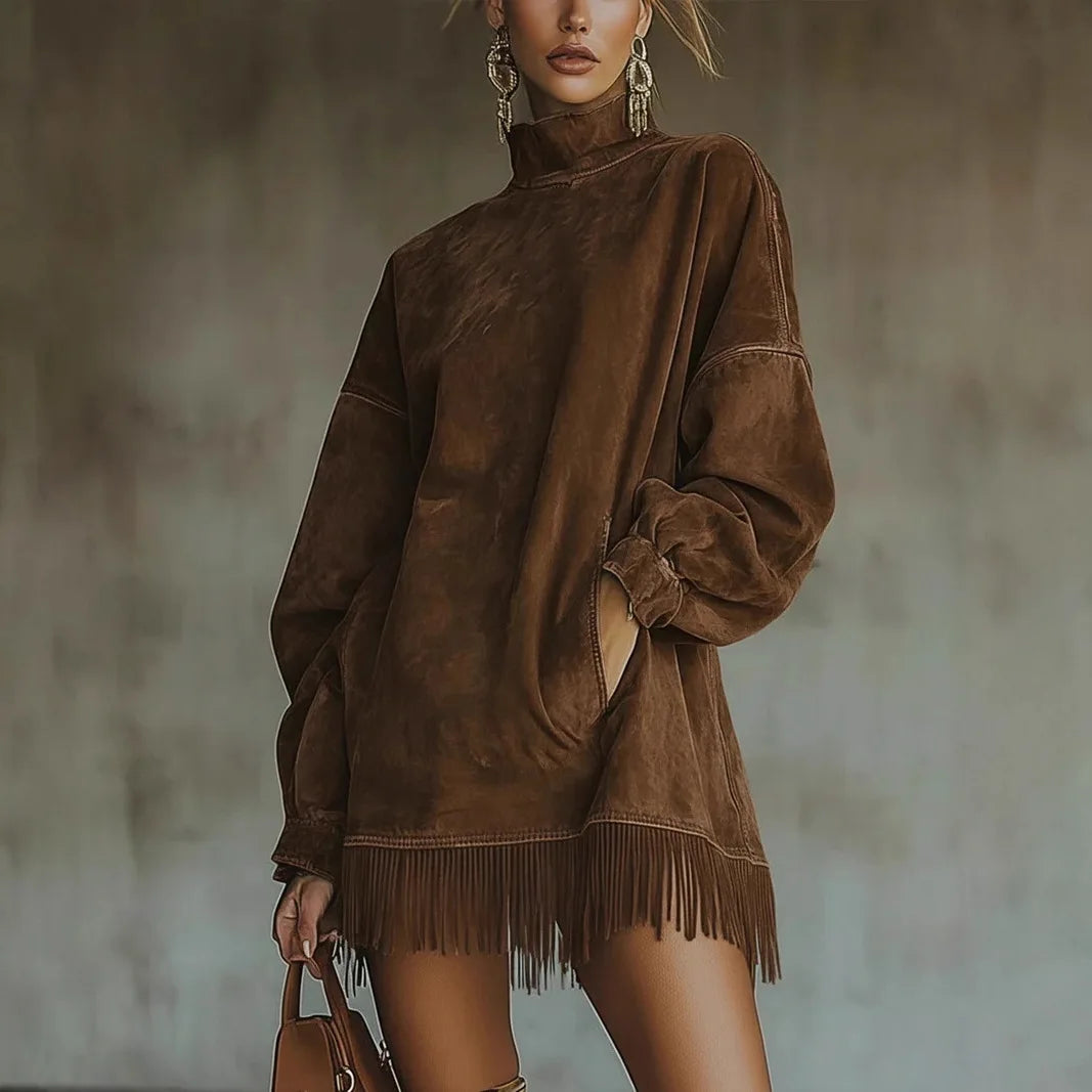 Women Contour Vintage Fringe Turtleneck Mini Dress – Oversized Long Sleeve