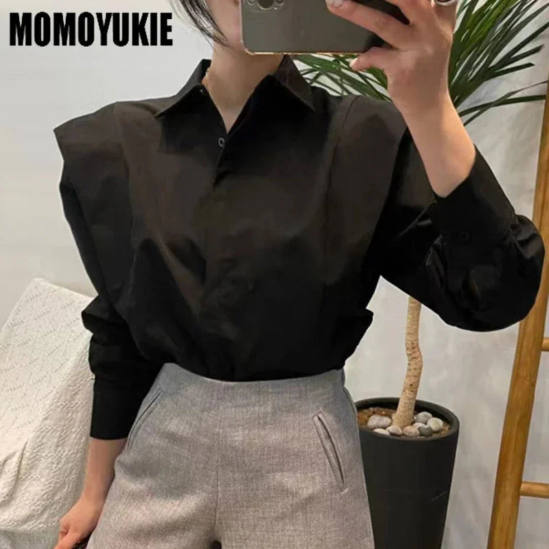 Women Vintage Shoulder Pad Blouse – Elegant Long Sleeve Shirt