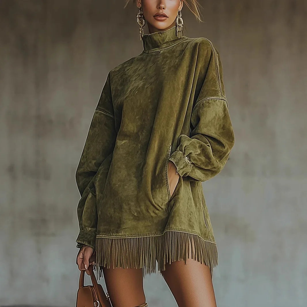 Women Contour Vintage Fringe Turtleneck Mini Dress – Oversized Long Sleeve