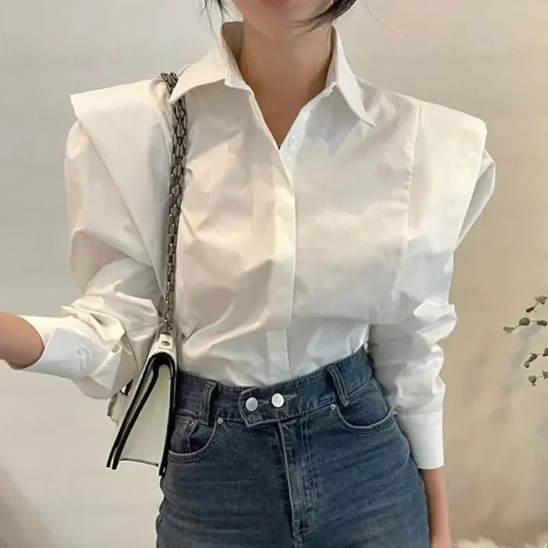 Women Vintage Shoulder Pad Blouse – Elegant Long Sleeve Shirt