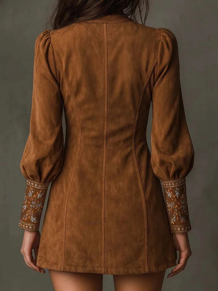 Women Contour Embroidered V-Neck Mini Dress – Elegant Long Sleeve