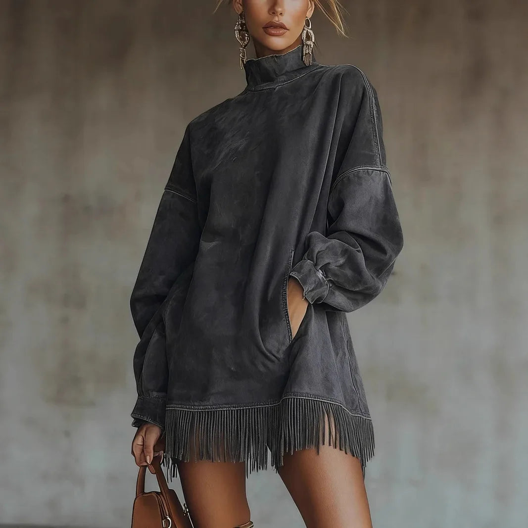Women Contour Vintage Fringe Turtleneck Mini Dress – Oversized Long Sleeve