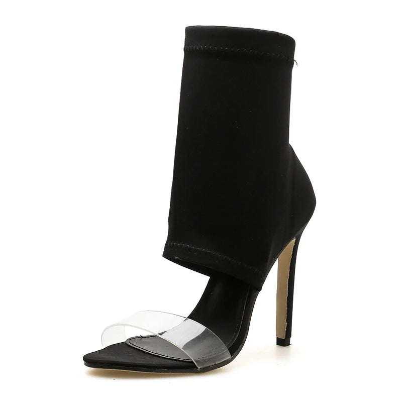 Women Contour Crystal PVC Peep Toe Heel Sandals – Stretch Denim Stiletto