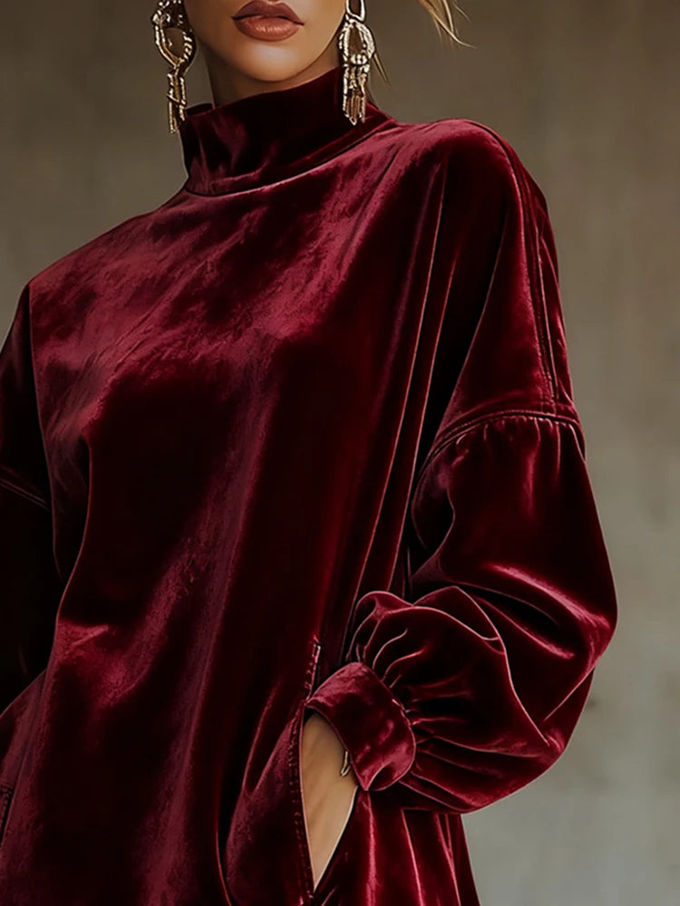 Women Contour Velvet High Neck Mini Dress – Elegant Long Sleeve Party Dress