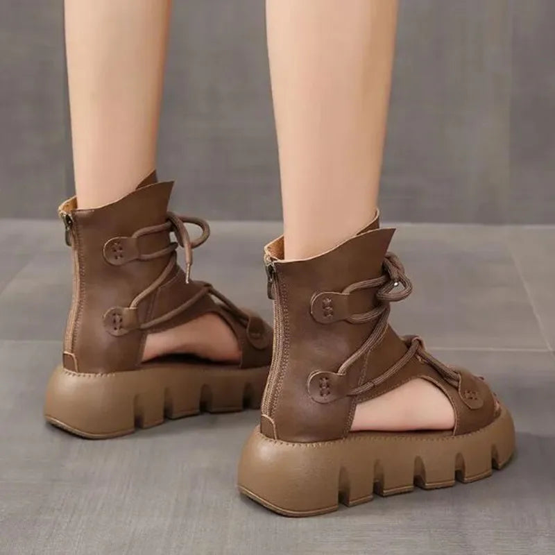 2025 New Brand High Quality Women Sandals Handmade Retro Wedges Heel Sandals Ladies Summer Back Zipper Platform Roman Cool Boots
