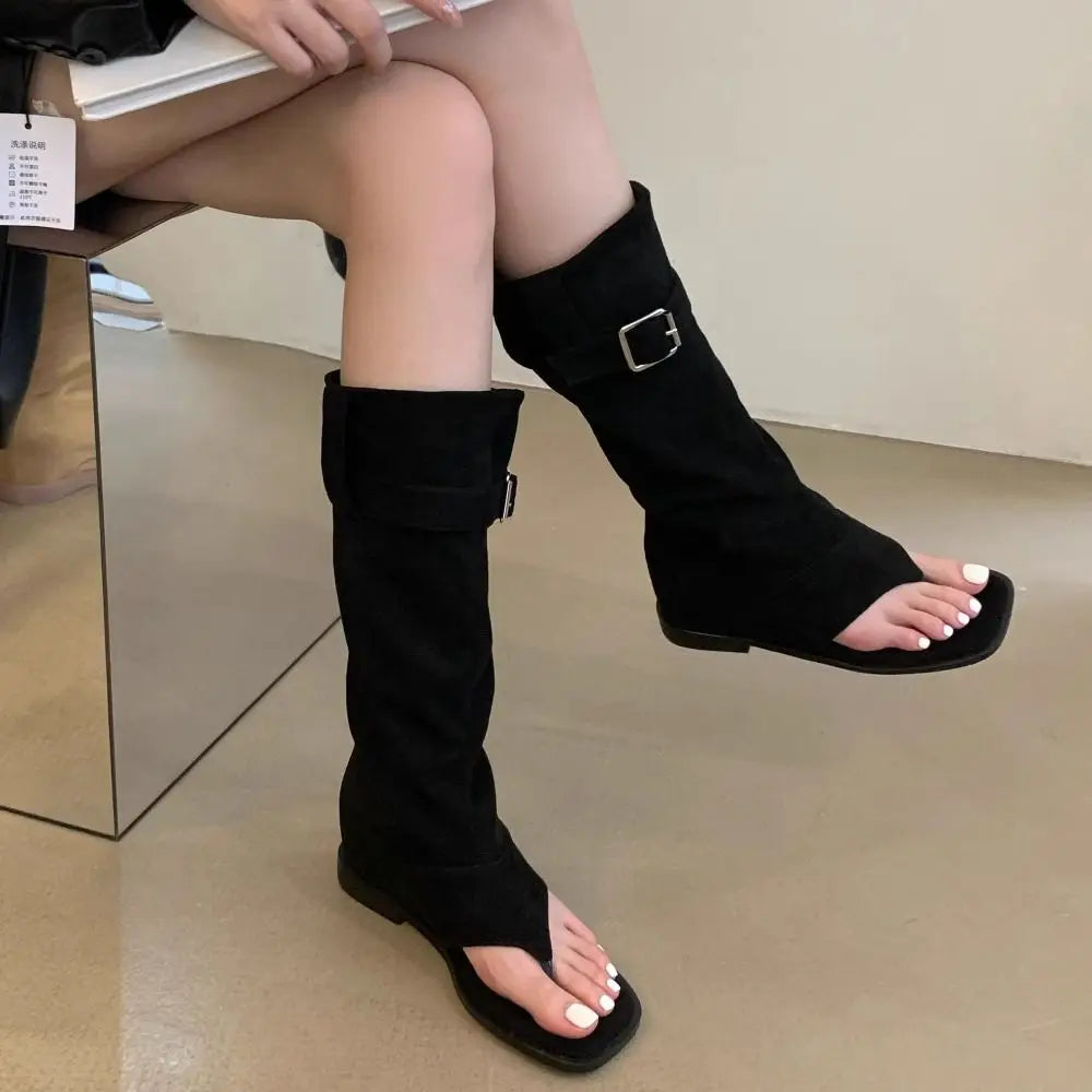 Women Contour Buckle Strap Sandal Boots – Open Toe Fashion Shoes